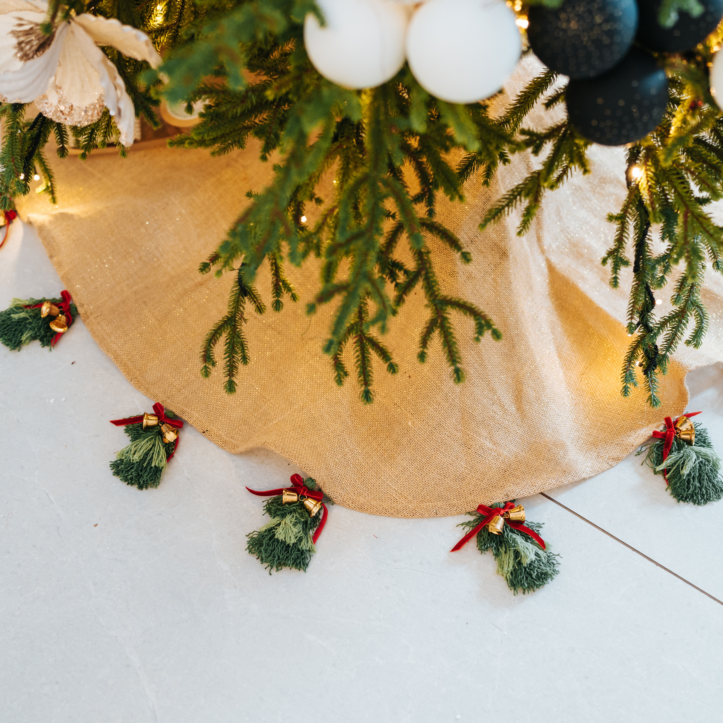 Beige Tree Skirt with tree Tassels & Bells