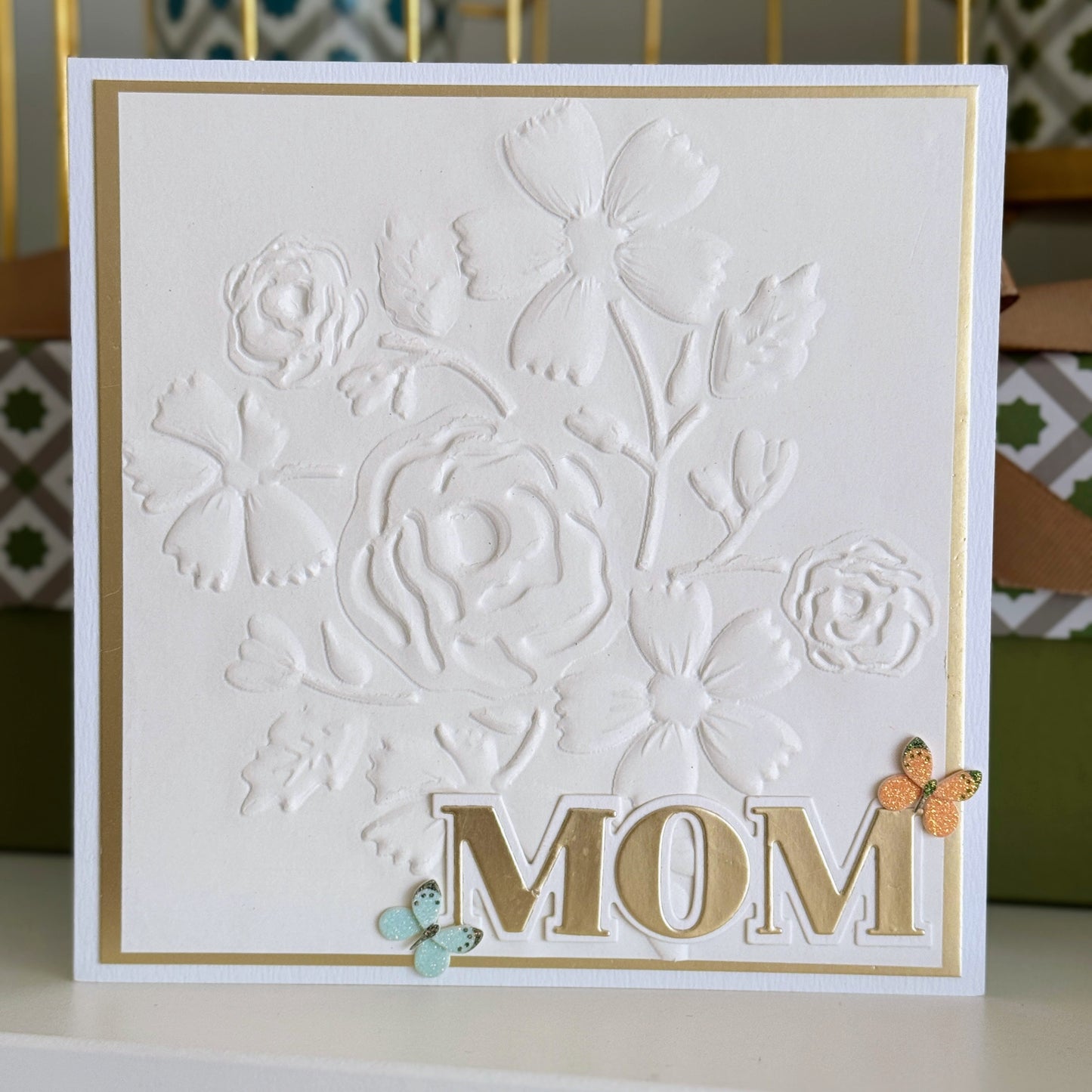 MOM - Embossed white rose with butterflies card