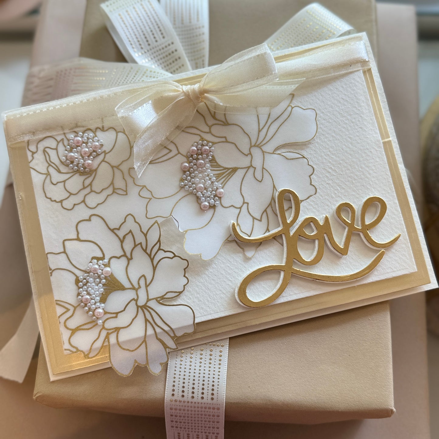 LOVE - Ivory & Gold embossed flowers with ivory ribbon bow Card