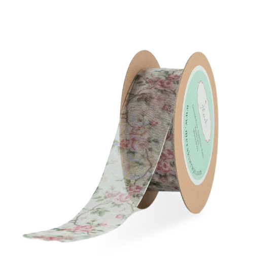 Pink Rose Floral Print Sheer Ribbon